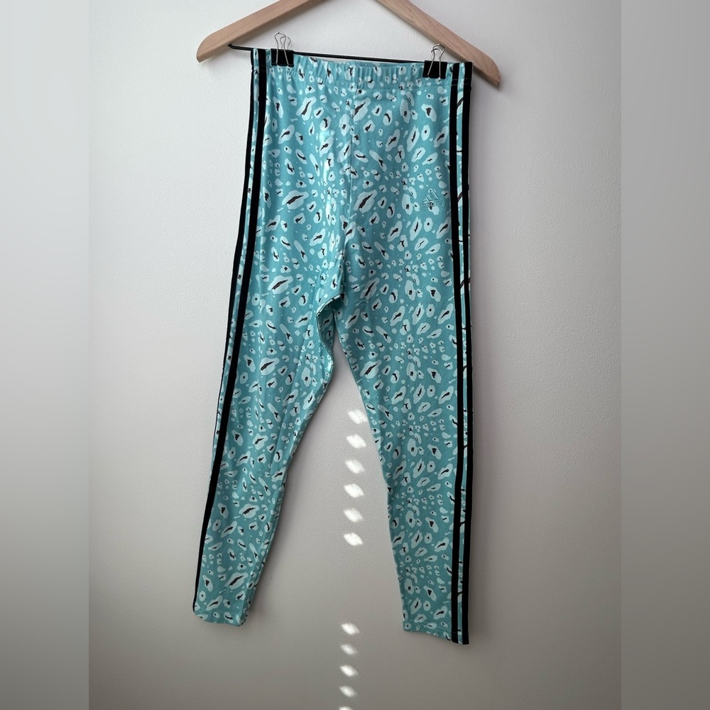 Adidas Teal Leopard Print Leggings Women’s S NWT 3-Stripes Stretchy Active Pants